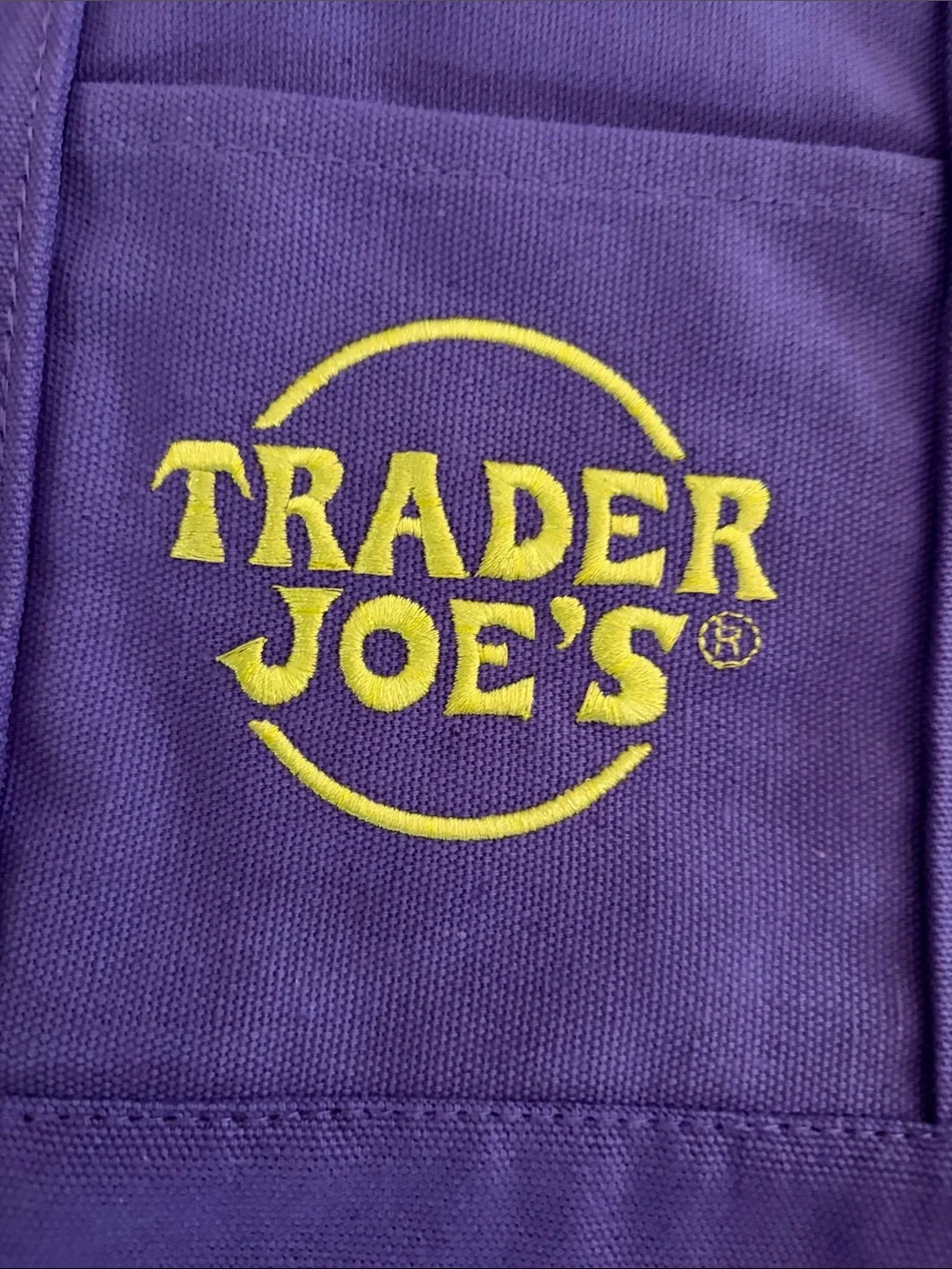Trader Joe's Blue Canvas Duffel Tote with Neon Yellow Logo
